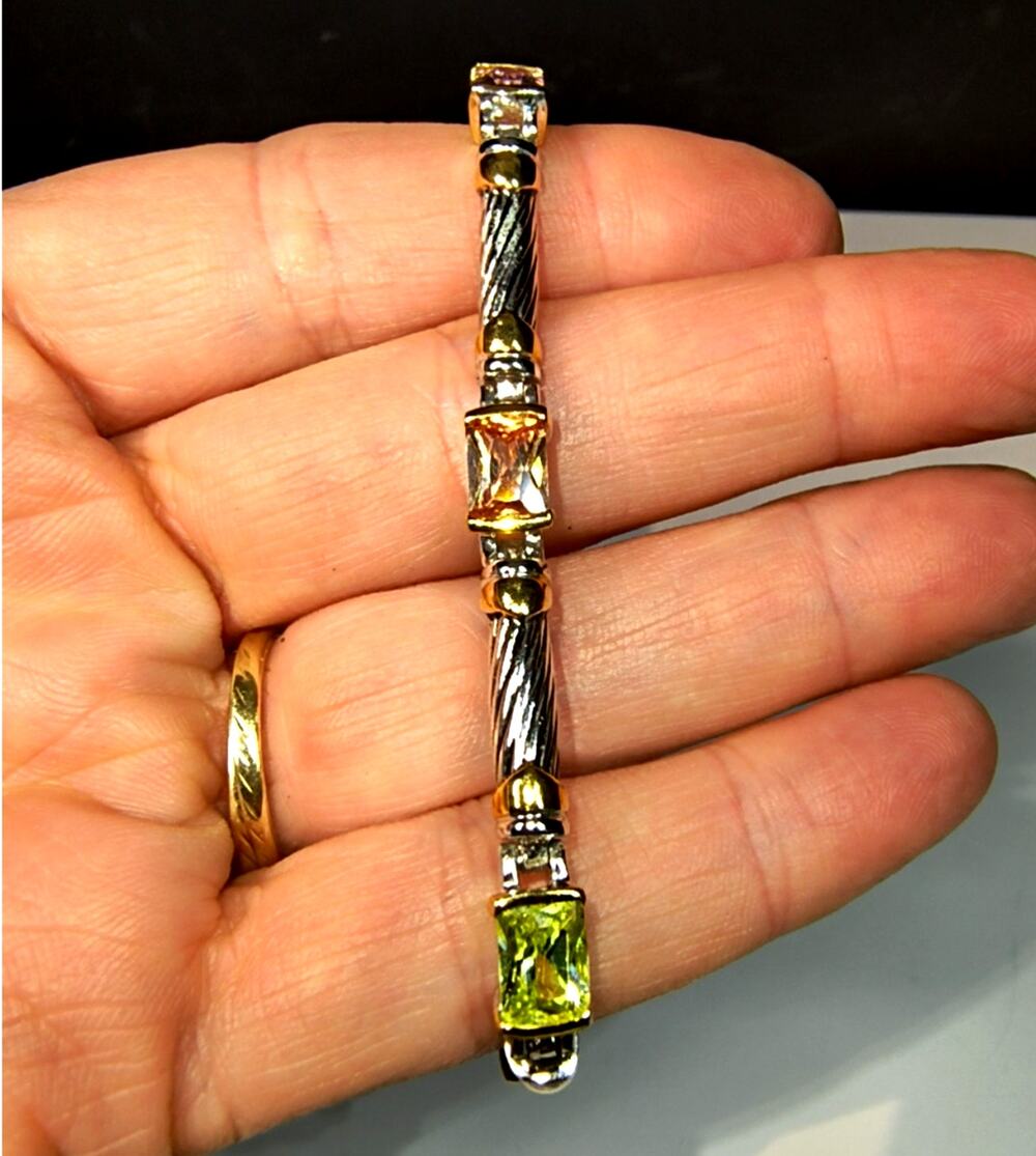 1958. Tennis Bracelet Silver Tone with Gold Accents Various Colored Stones